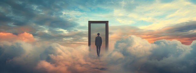A Surreal photography Light pours through a heavenly doorway in the sky, banner wallpaper background - obrazy, fototapety, plakaty