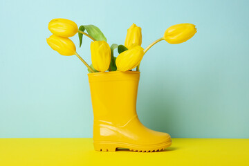 Yellow rubber boot with flowers on blue background