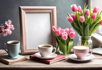 Fototapeta na wymiar cup of coffee and tulips with frame on wooden table