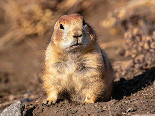 Naklejka na ściany i meble A chubby prairie dog stands guard outside its burrow.