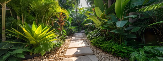 Obraz premium A winding stone path through a lush summer garden leads beneath a canopy of trees, tropical botanical.