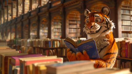Obraz premium A tiger is selecting a book in a vast library