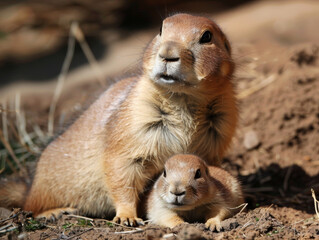 Protective mother prairie dog watches over its child. 