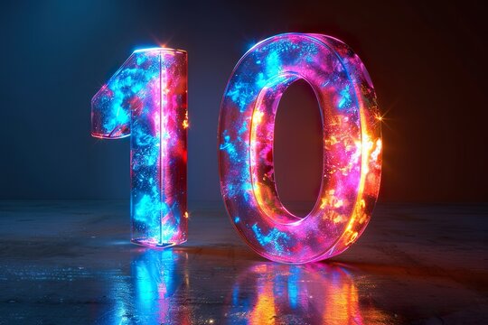 Number 10 - colorful glowing outline alphabet symbol on blue lens isolated white background