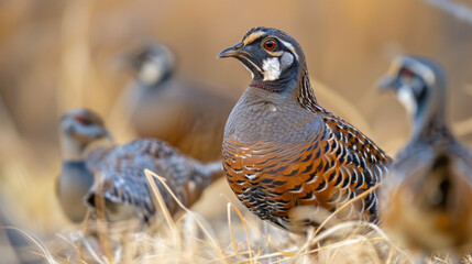 A quail pack with striking facial markings forages among autumn leaves.