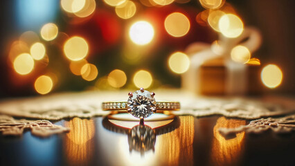 sparkling diamond ring, poised elegantly against a bokeh background filled with soft