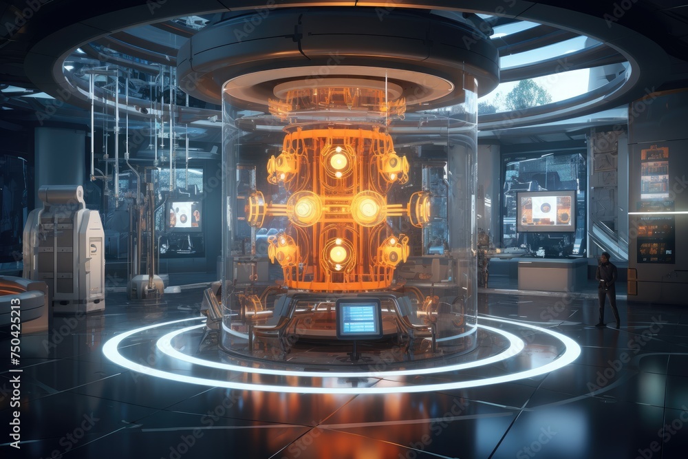 Poster quantum computing laboratory with intricate machinery and futuristic user interfaces. ai generated