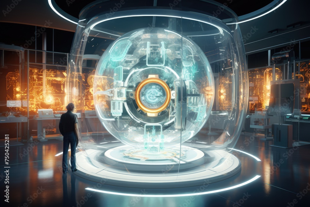 Poster quantum computing laboratory with intricate machinery and futuristic user interfaces. ai generated