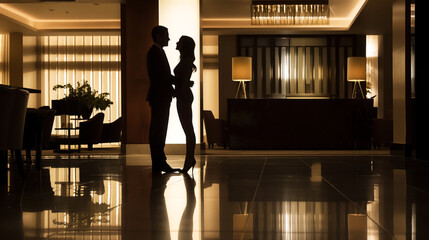 A dimly lit hotel space, a well-proportioned couple forms a serene tableau as diffused light highlights their silhouettes against the backdrop