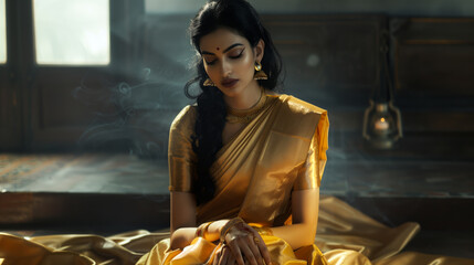 Graceful lady adorned in a golden silk saree, devoid of accessories, sitting with poise on the floor