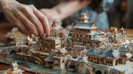 Hand Holds 3D Model of Asian-style Village