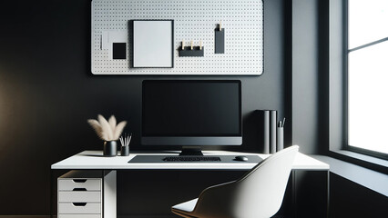 modern and stylish office desk setup, computer mockup on a sleek table against a black wall
