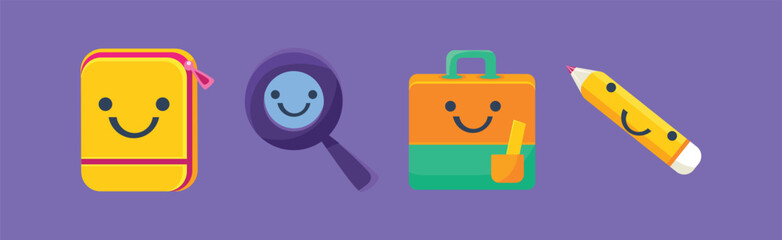 Obraz premium Cute School Supply Item with Smiling Face Vector Set