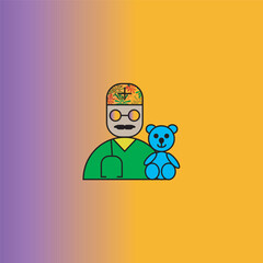Doctor in glasses with a mustache with a small toy bear. Multi-colored icon painted from the words of a 5-year-old child