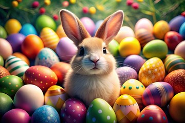 Fototapeta na wymiar easter bunny with colorful easter eggs. Easter egg hunt concept