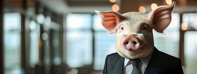 A pig in black suit going to work in the town portrait photography.
