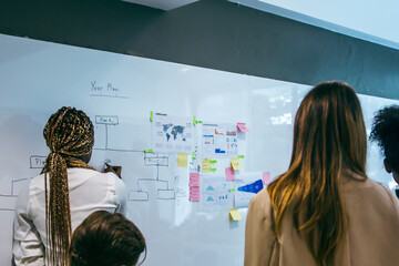 Group of marketing professionals having a meeting. Creative business team brainstorming with sticky notes. Happy business people putting their ideas together as they plan a project.