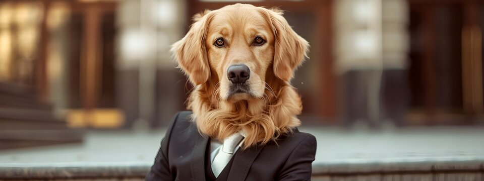 A golden retriever dog in black suit going to work in the town portrait photography.