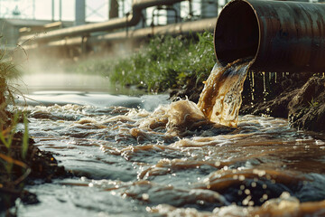 water waste flowing into the river, Environmental damage concept, Industrial and factory brown wastewater murky discharge pipe into wild river, dirty water pollution