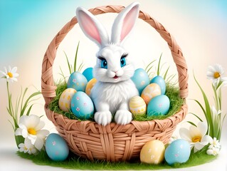 A cute little white rabbit in a basket with Easter eggs