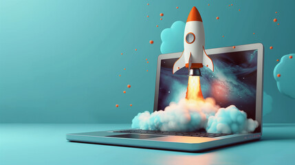 Start up concept. Sucessful start of project. Development concept. laptop with a rocket coming out of it - obrazy, fototapety, plakaty