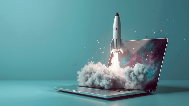 Start up concept. Sucessful start of project. Development concept. laptop with a rocket coming out of it