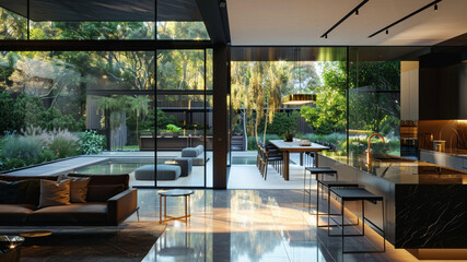 An Australian luxury home with beautiful glass window reflections. kitchen 