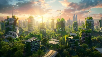 Sustainable Green Cityscape with Wind Turbines and Solar Panels - obrazy, fototapety, plakaty