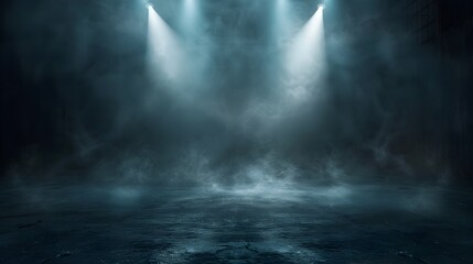 Theater Stage with Light Beams and Fog in Dramatic Dark Aquamarine and Gray