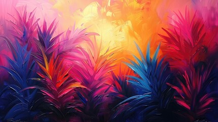 Luminous abstract painting of bright, tropical plant leaves. - obrazy, fototapety, plakaty