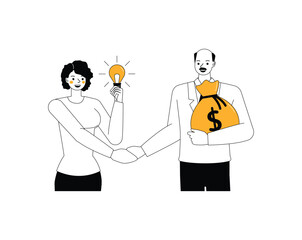 Business funding illustration concept. Business people thinking and working in office. Office man and woman character outline flat and minimal vector design style.