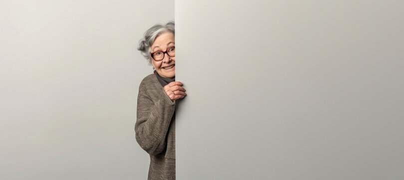A cheerful happy ederly woman l with gray hair looks out from behind a white wall. Hide and seek games. Happy mood. A cute old woman. The woman looks at the camera and smiles. banner. Place for text.