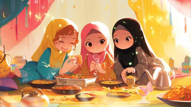 A cute and colorful animation of a little girl wearing a hijab and celebrating Eid Mubarak with her family and friends. Enchanted 4k loop ramadan animation background