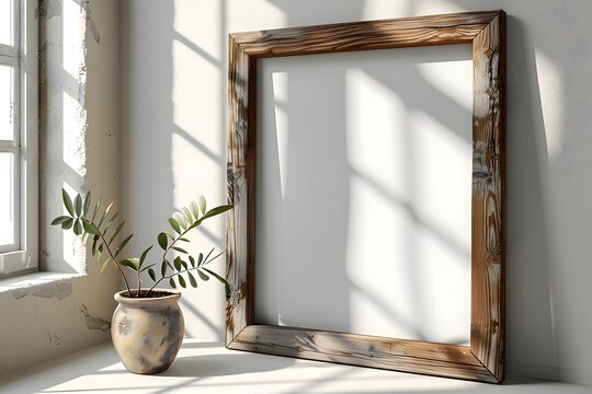 Wooden Frame and Plant on a Window Sill in Vintage Style