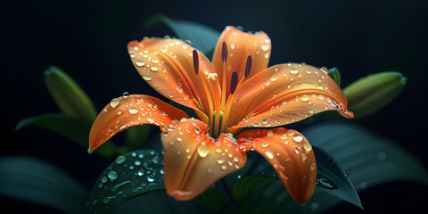 Closeup of lily flower with droplets of water on the petals.