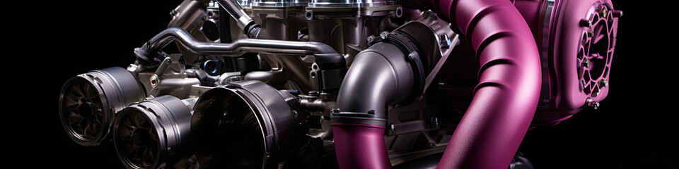 Studio lighting emphasizes the detailed, customized intake manifold of a high-performance vehicle.