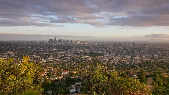 City of Los Angeles cityscape skyline at sunset. 4K timelapse.