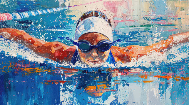 Artistic depiction of a competitive swimmer in goggles, swimming fiercely through blue water.