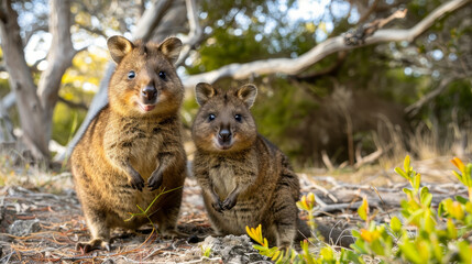 A protective quokka cuddles her joey in the wild, with a soft gaze and natural backdrop with yellow flowers in the foreground.