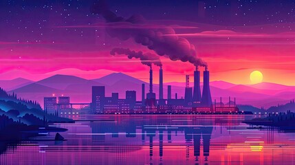 Futuristic power plant in a neon-colored landscape at sunset.