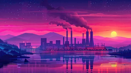 Deurstickers Futuristic power plant in a neon-colored landscape at sunset. © AdriFerrer