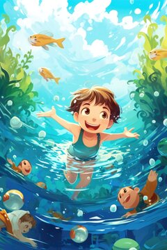 little kids swimming in pool underwater.