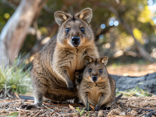 Naklejka na ściany i meble A quokka mother and her joey in a tender pose, both gazing towards the viewer.