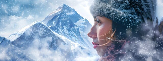 An beautiful young lady portrait enjoying the winter scenery outdoors at Himalayas Everest mountain. © Alice a.