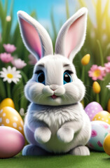 Cute easter bunny with colorful easter eggs and spring flowers