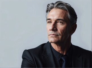 Studio shot of well dressed handsome mature man against a grey background - obrazy, fototapety, plakaty