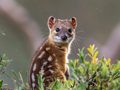 Curious little spotted quoll explores the surrounding wild nature.