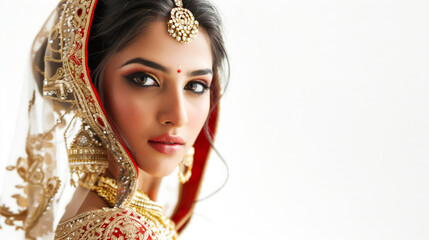 Beautiful indian punjabi bride close-up, makeup, jewellery - obrazy, fototapety, plakaty