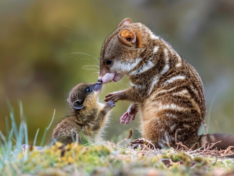 Protective quoll mother interacts with her offspring in a natural bushland setting.