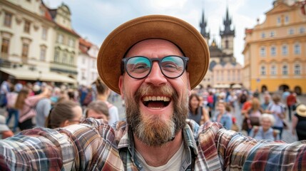 Excited traveler taking a selfie in a busy European city square.